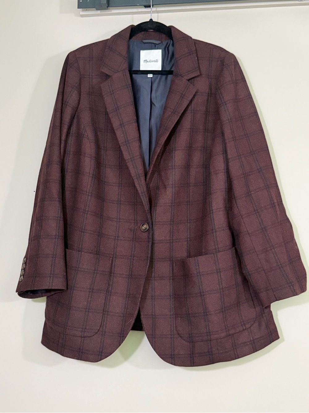 Madewell Women's Burgundy Plaid Wool Blend Blazer, sz 1X